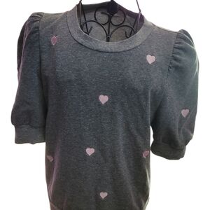 Anthropologie Charcoal Sweatshirt with Pink Heart Embroidery and Puff Sleeves